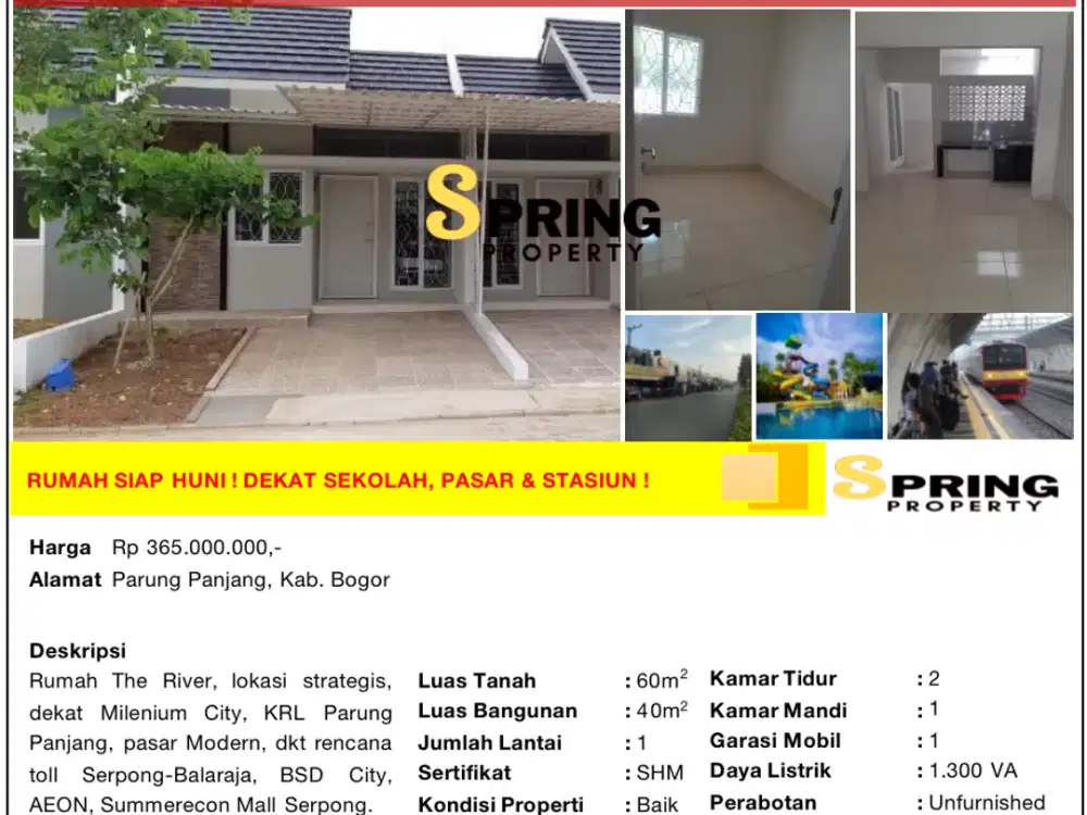 Rumah Cluster Murah The River Siap Huni Dekat Stasiun Parung Panjang