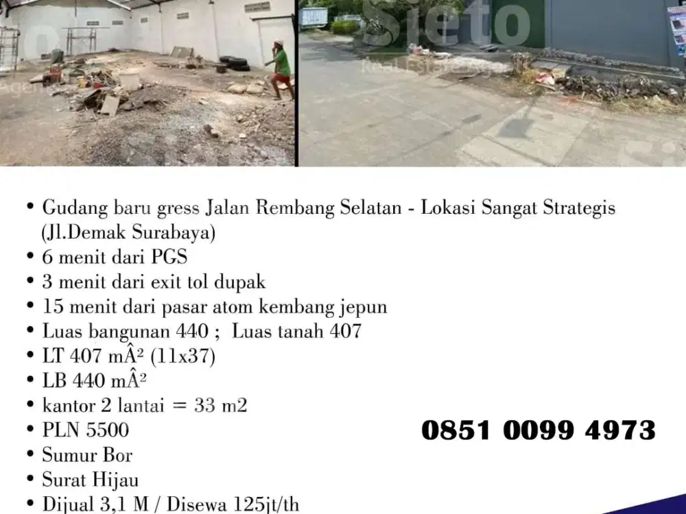 PROMO  Disewa Gudang Baru Gress Jl. Rembang Selatan, Harga 125juta/thn