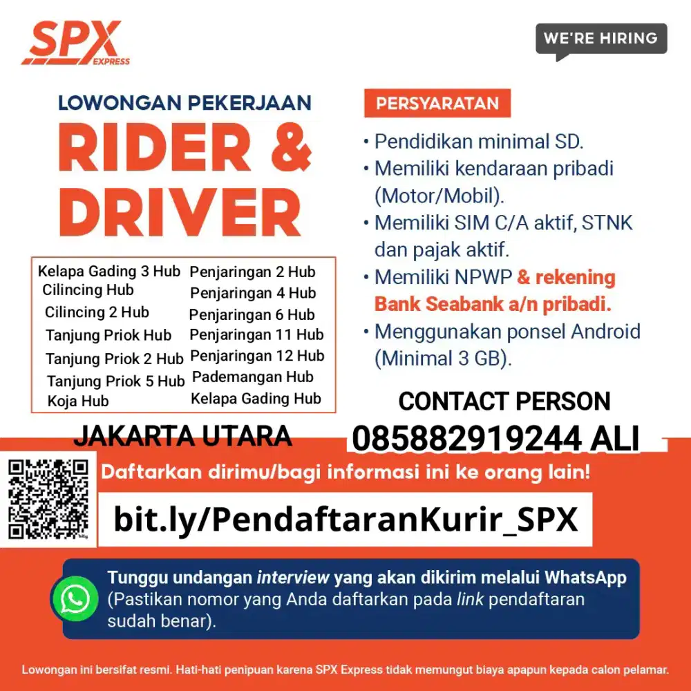 LOWONGAN KURIR MOTOR DAN MOBIL JAKARTA UTARA SHOPEE SPX
