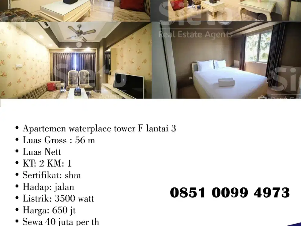 PROMO  Disewa Apartemen Waterplace Tower F lantai 3, Harga Sewa 40jt