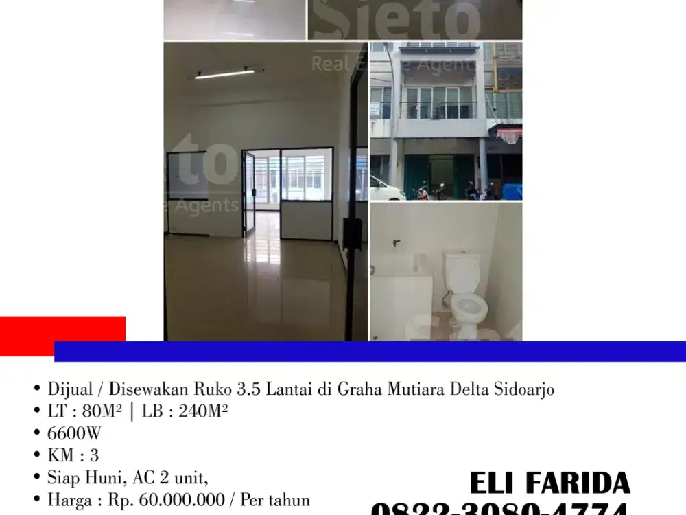 Disewakan Ruko 3.5 Lantai di Graha Mutiara Delta Sidoarjo