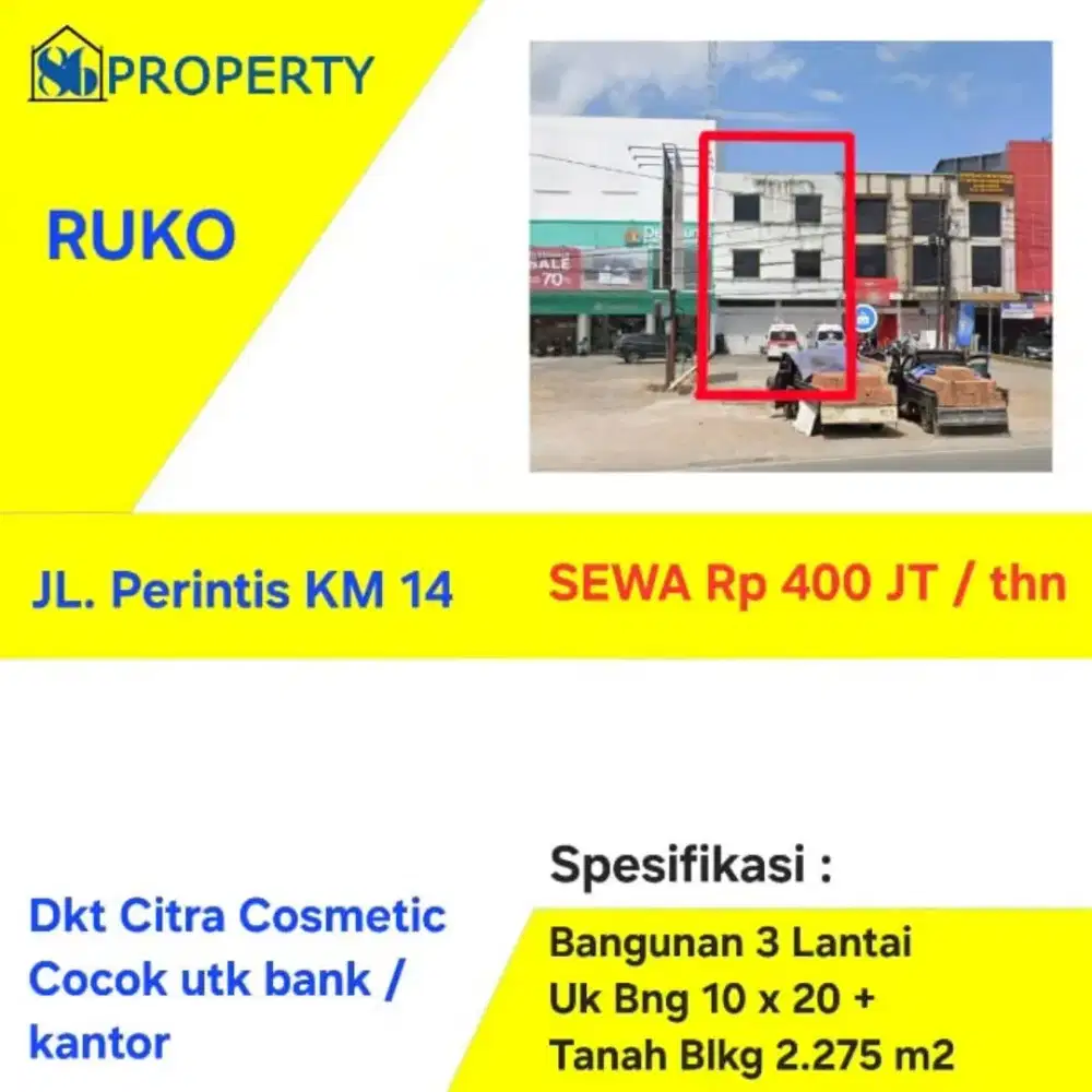 Disewakan Ruko lebar plus tanah besar di jalan perintis kemerdekaan
