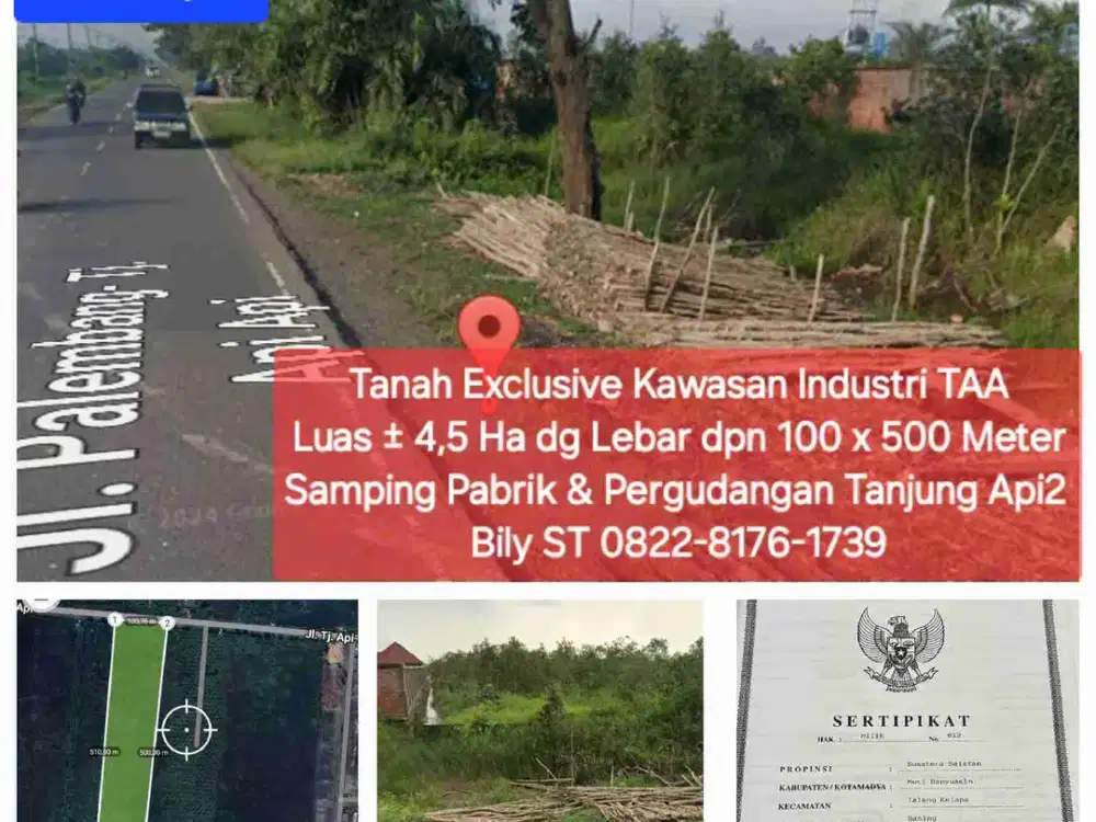 Tanah ± 4,5 ha Lebar 100 TAA gudang pabrik pool palembang murah tanjung api api