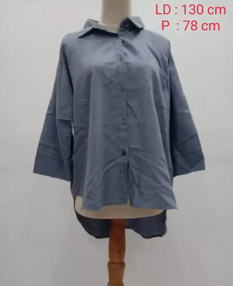 Kemeja Blouse Casual Warna Steel Blue