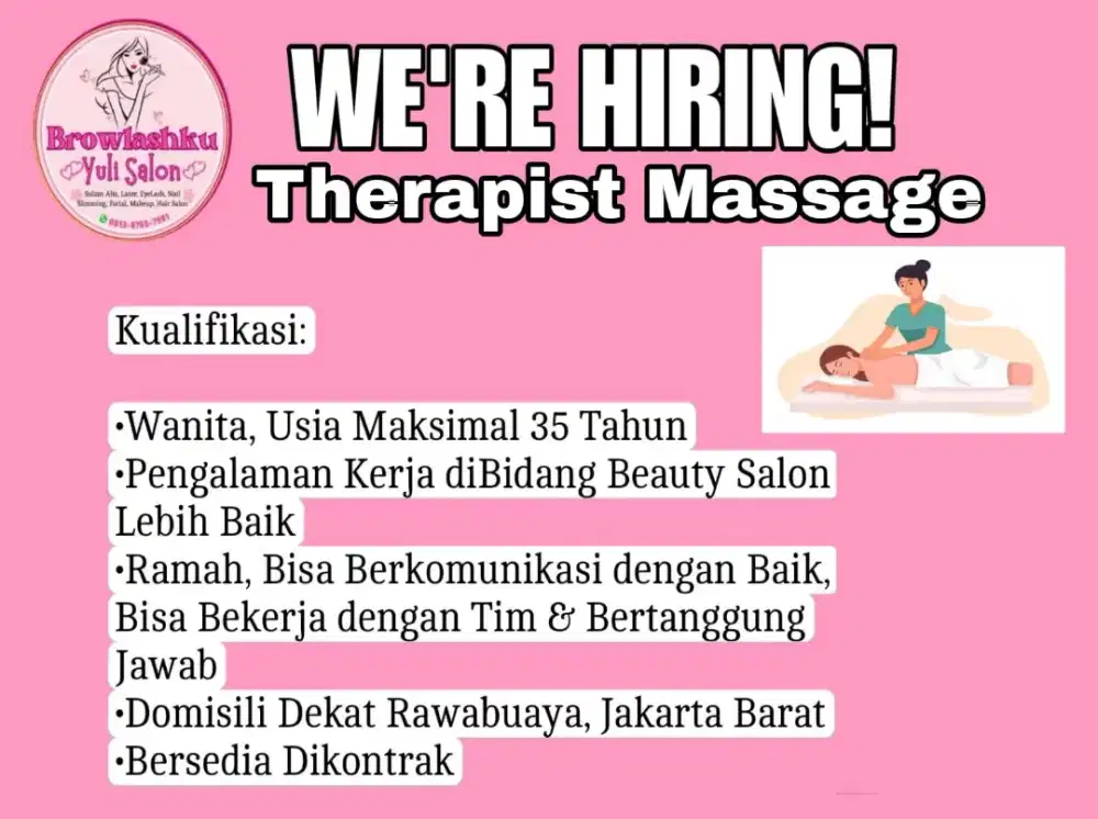 Lowongan Therapist Massage, Beautician & Stylist