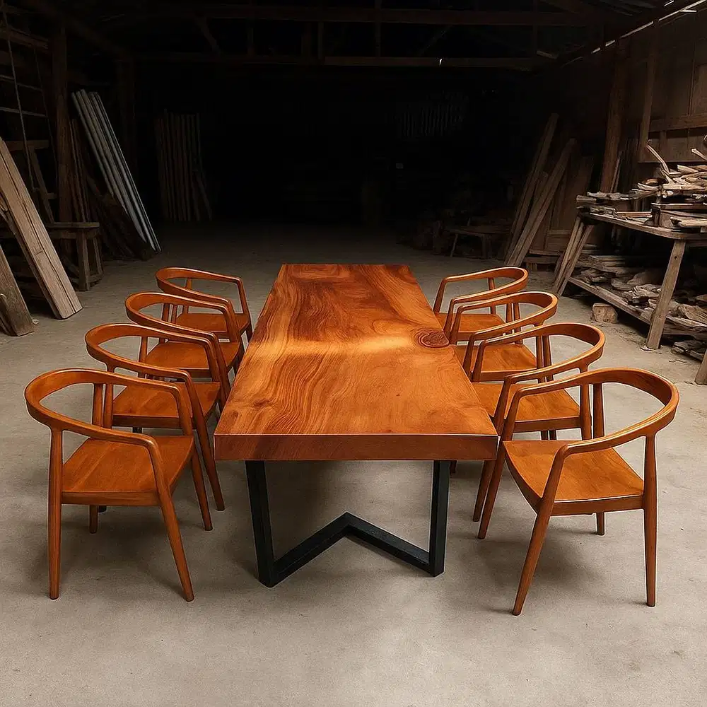 Set Meja Trembesi Kaki Besi Kursi Jati Selly