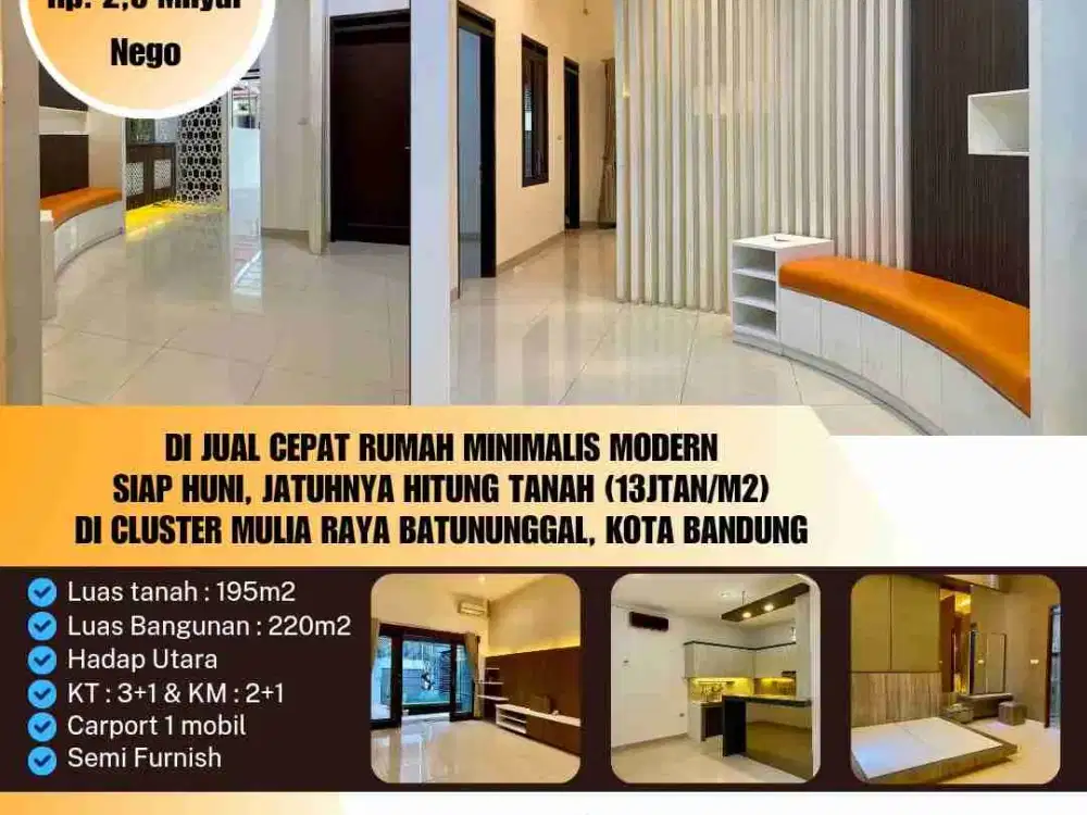 Dijual Cepat Rumah Minimalis Modern Komplek Batununggal Indah Siap Huni, Harga Hitung Tanah