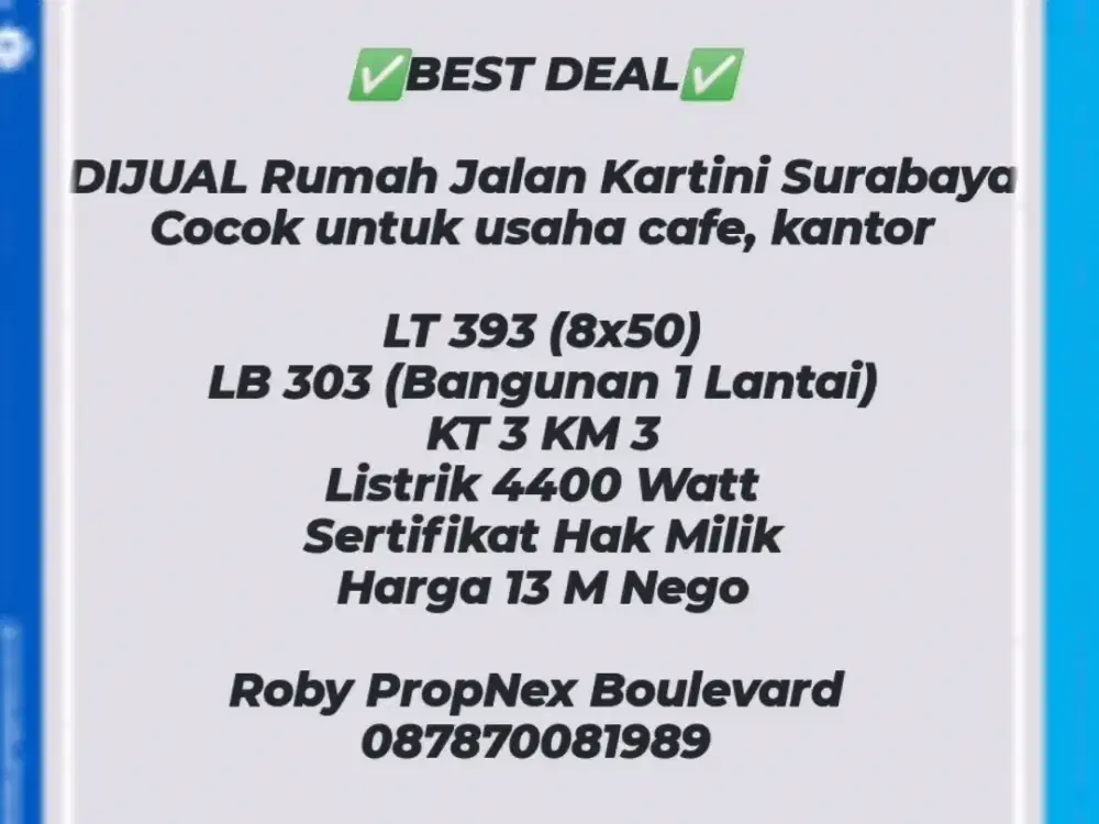 DIJUAL Rumah Raya Kartini Surabaya dkt Diponegoro Raya Darmo