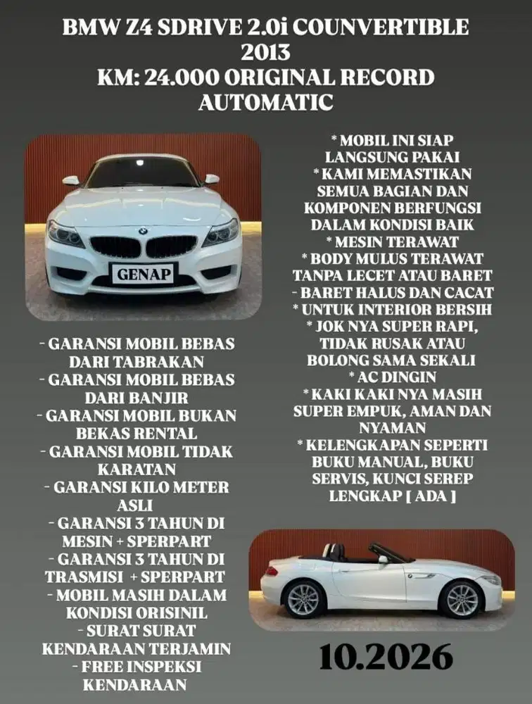 [ KM 24.000 ORIGINAL ] BMW Z4 Sdrive 2.0i 2014 AT SIAP LANGSUNG PAKAI