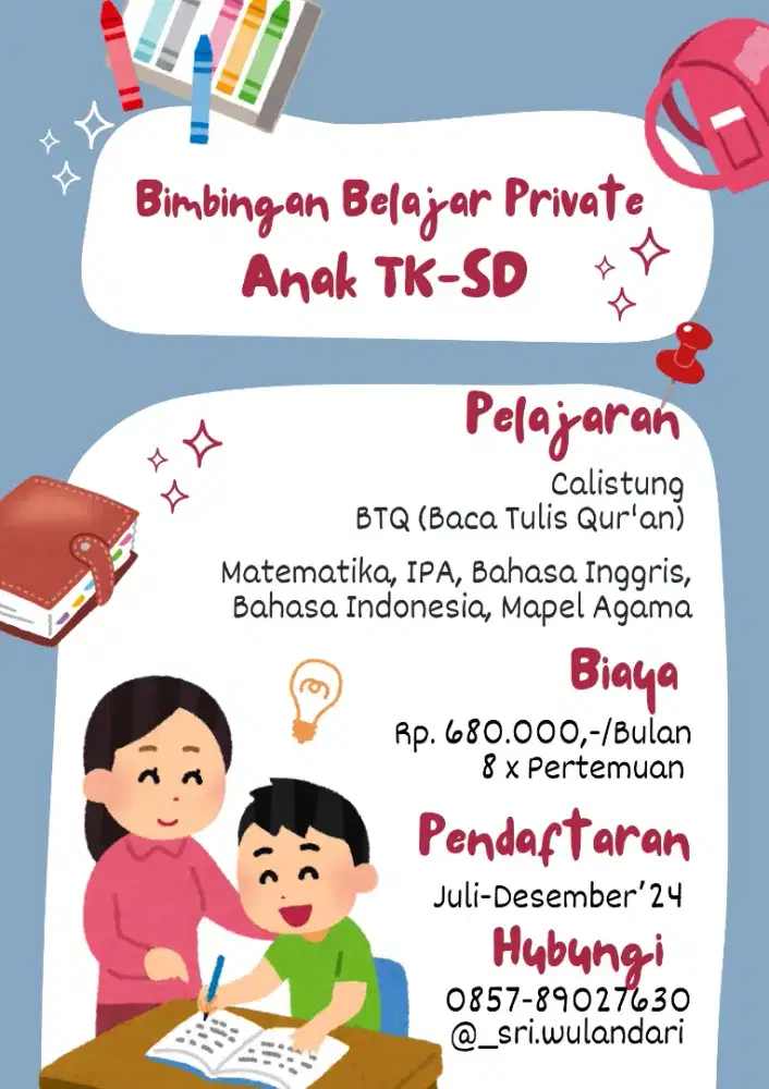 Menawarkan Les Privat Calistung, Mengaji dan Pembelajaran SD