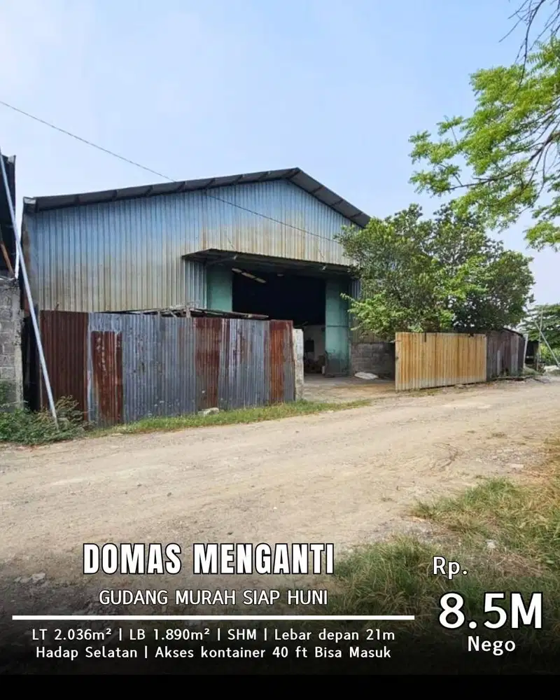 Dijual Gudang Domas Menganti Siap Pakai Akses Kontainer dkt Jalan Raya