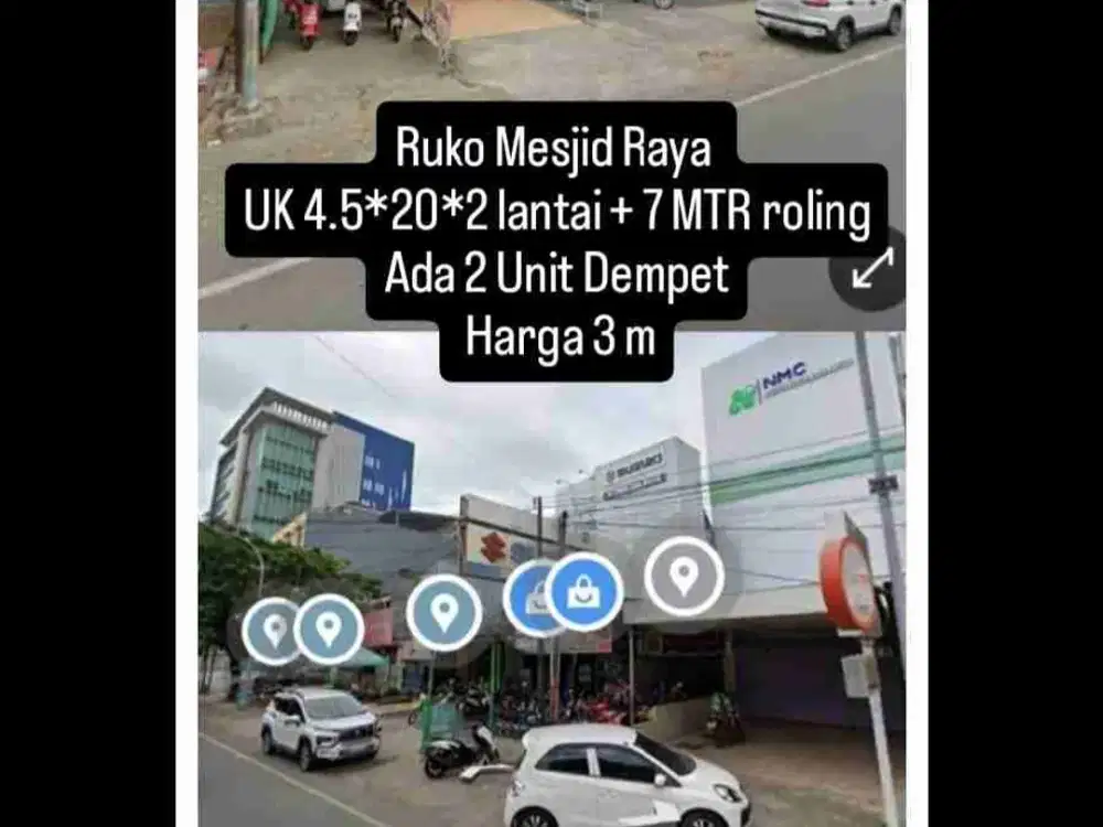 Ruko mesjid raya 
UK 4.5*20*2 lantai + 7 MTR roling.
Ada 2 ruko dempet
Harga 3 m Perunit