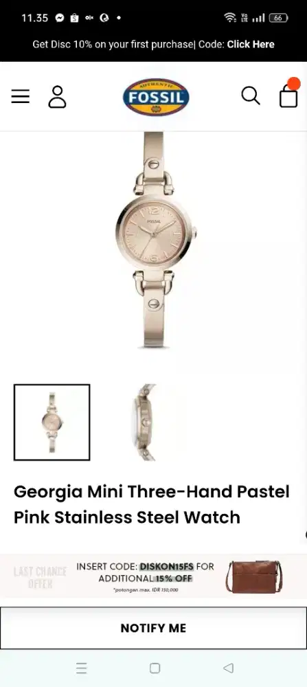 Jam tangan Fossil ES3077 Gold kondisi normal