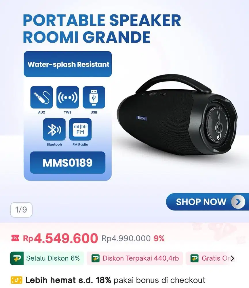 Roomi Grande Portable Bluetooth Wireless Speaker Deep Bass