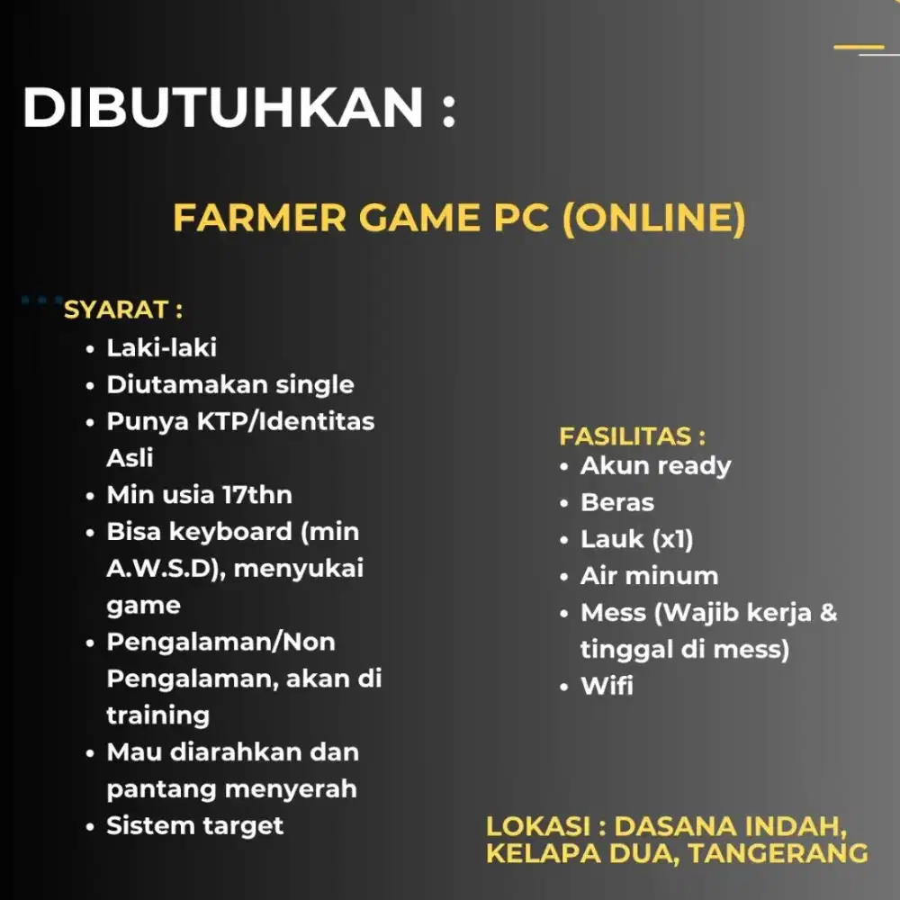 DICARI CEPAT : Lowongan kerja game online (pc) komputer