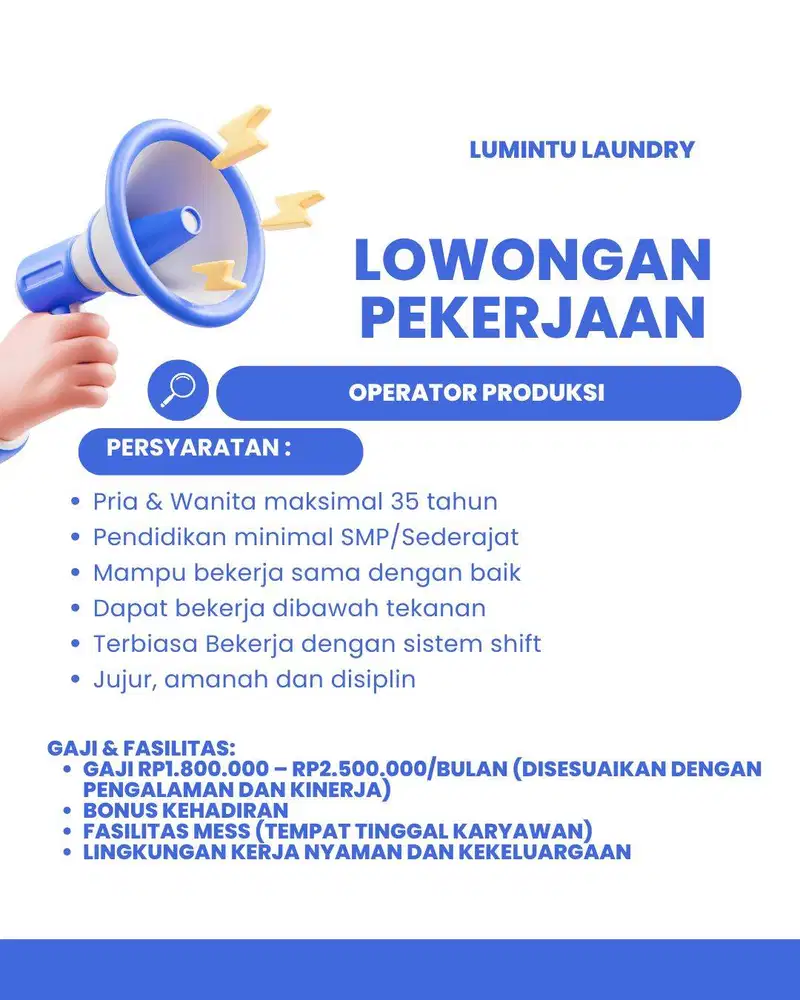 Dibutuhkan Segera Staf Operator Produksi Laundry