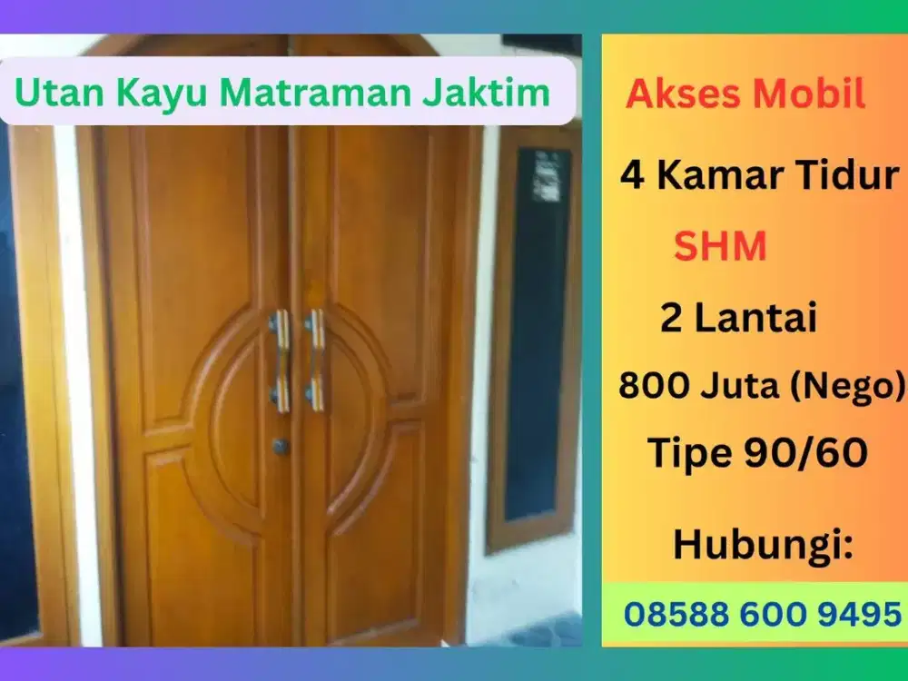 Rumah SHM 2 Lantai 4KT Akses Mobil di Utan Kayu Utara Matraman Jaktim – Dekat UNJ, RS Persahabatan, Arion Mall, Tol, Stasiun & Busway