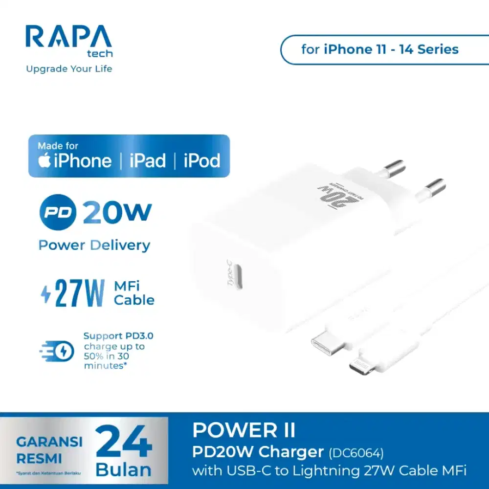 RAPAtech Power II Charger MFi for iP 11 12 13 14 Fast Charger 20W
