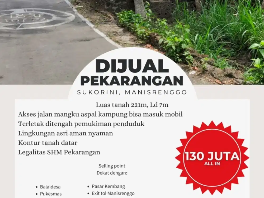 TANAH PEKARANGAN ASRI MURAH DITENGAH DESA SUKORINI, MANISRENGGO