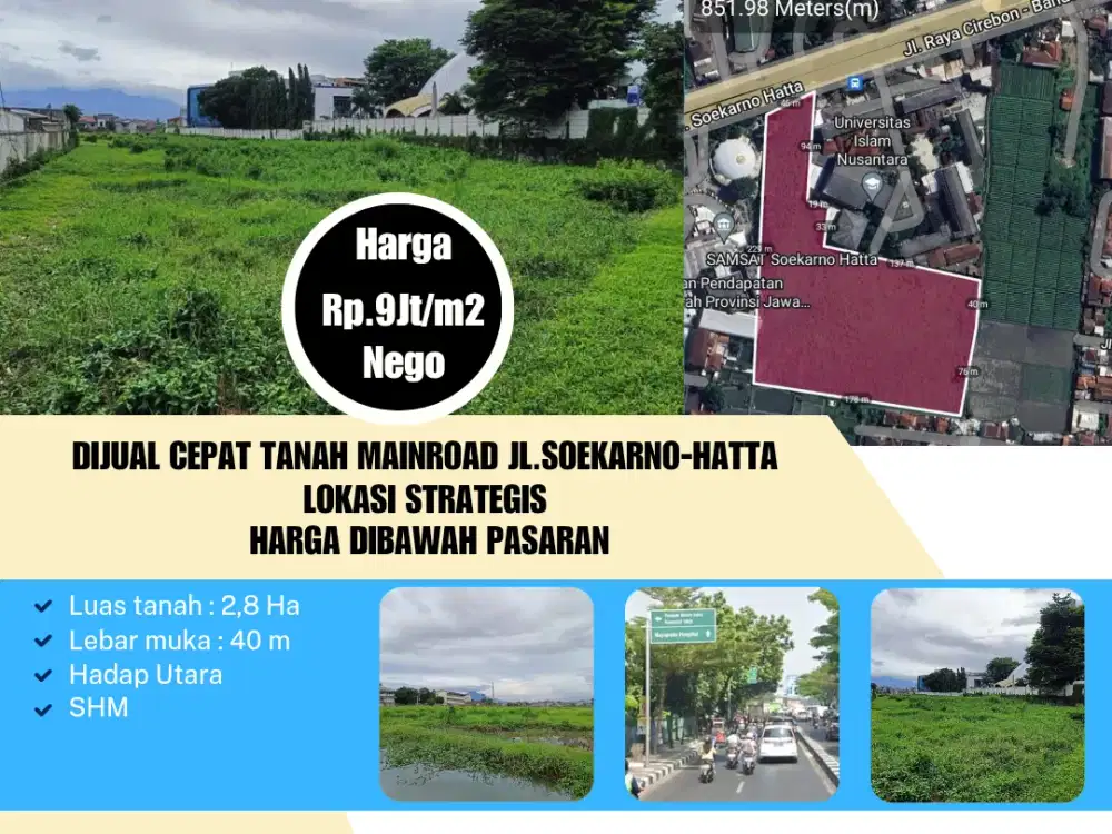 DIJUAL Cepat Tanah mainroad Jl.Soekarno-Hatta 
Lokasi strategis 
Harga Dibawah Pasaran