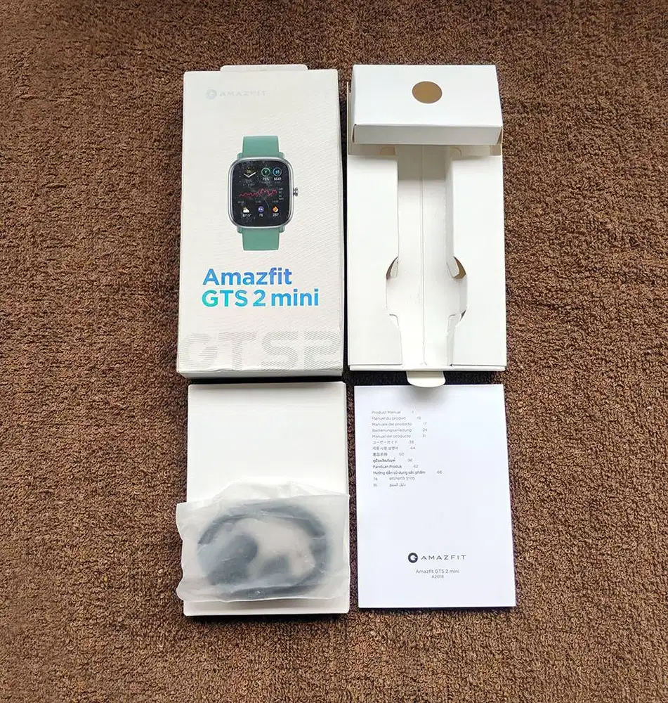 Kelengkapan Amazfit GTS 2 Mini sage green (dus, buku, charger)