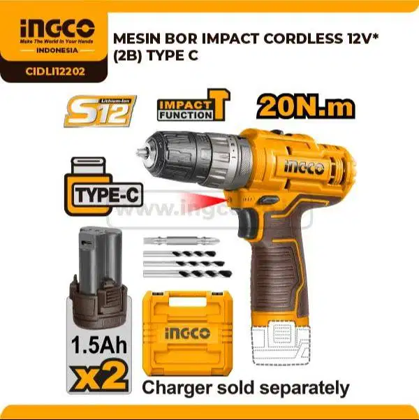 INGCO Impact Cordless Drill 12V CIDLI12202 Bor Baterai Hammer Drill