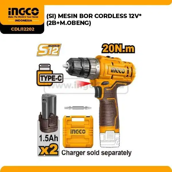 INGCO Cordless Drill 12V CDLI12202 – Bor Baterai Portable 10mm 2-Speed