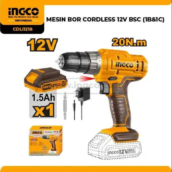 INGCO CDLI1218 Cordless Drill 12V Bor Baterai Tanpa Kabel 10mm – Garan