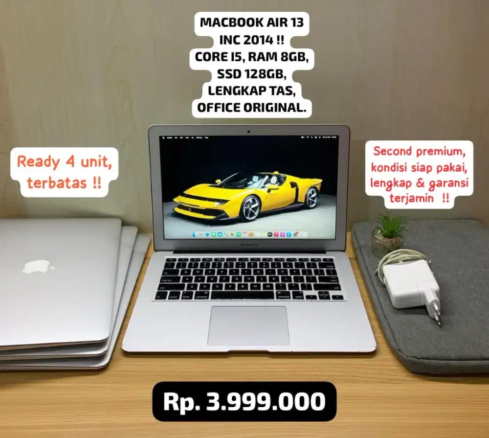 MACBOOK AIR 13 INC CORE I5, LENGKAP TAS, OFFICE ORIGINAL, GARANSI.