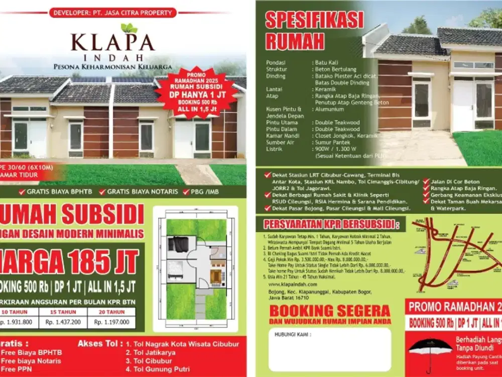 Rumah subsidi free biaya proses  BPHTB cukup Booking 500 ribu