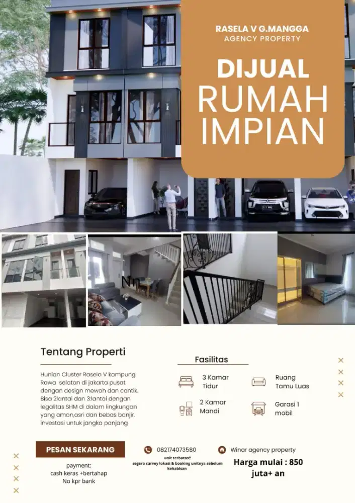 Rumah 2 /3 lantai desain minimalis dan cantik Dekat Kantor pos giro