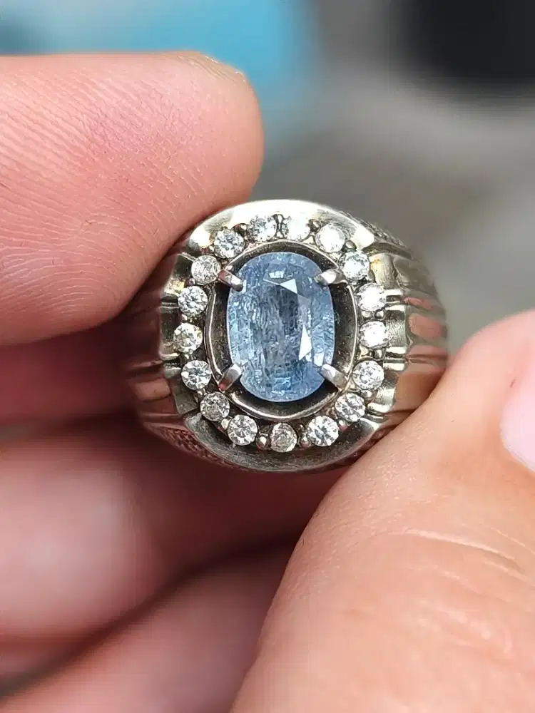 Batu blue safir sapphire 1.85 crat ring perak memo skylab heat only