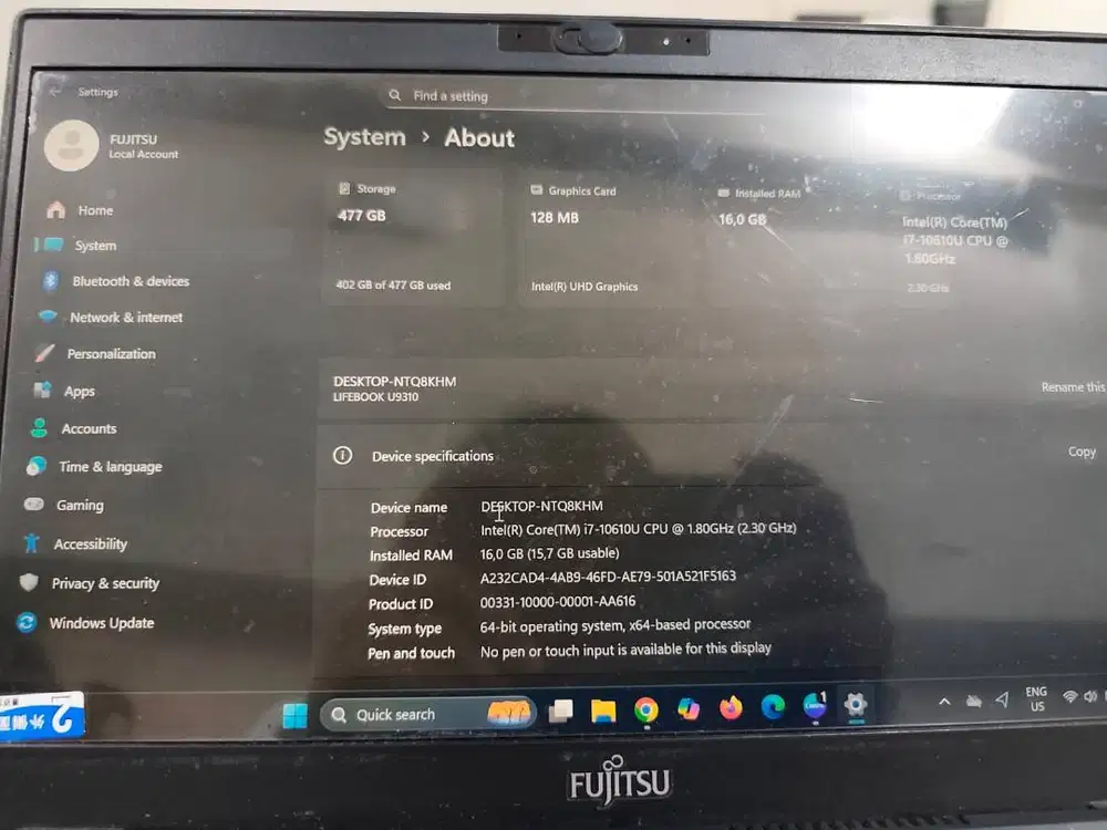 Laptop Fujitsu lifebook u9310 i7 gen 10 ram 16 GB internal 256 GB Nego
