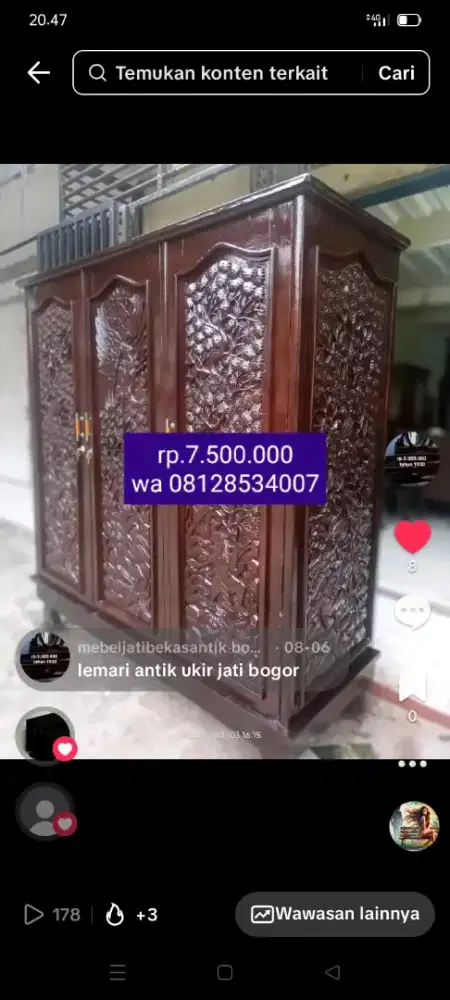 Lemari antik ukir jati lawas tua bekas dah melamin Bogor pintu 3