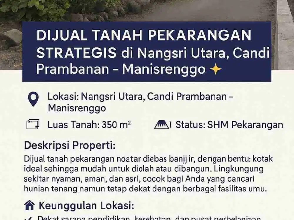 Dijual Tanah pekarangan di nangsri Utara candi Prambanan murah