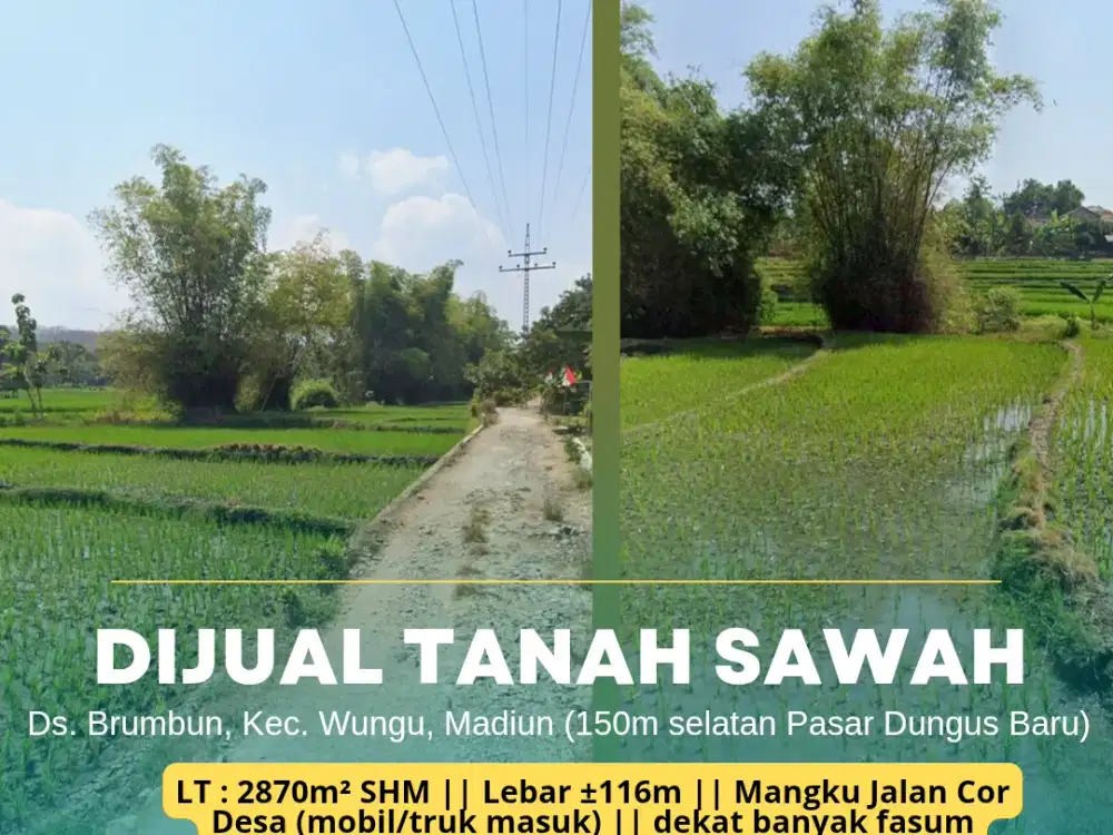 Dijual Tanah Sawah 150m Selatan Pasar Dungus Baru