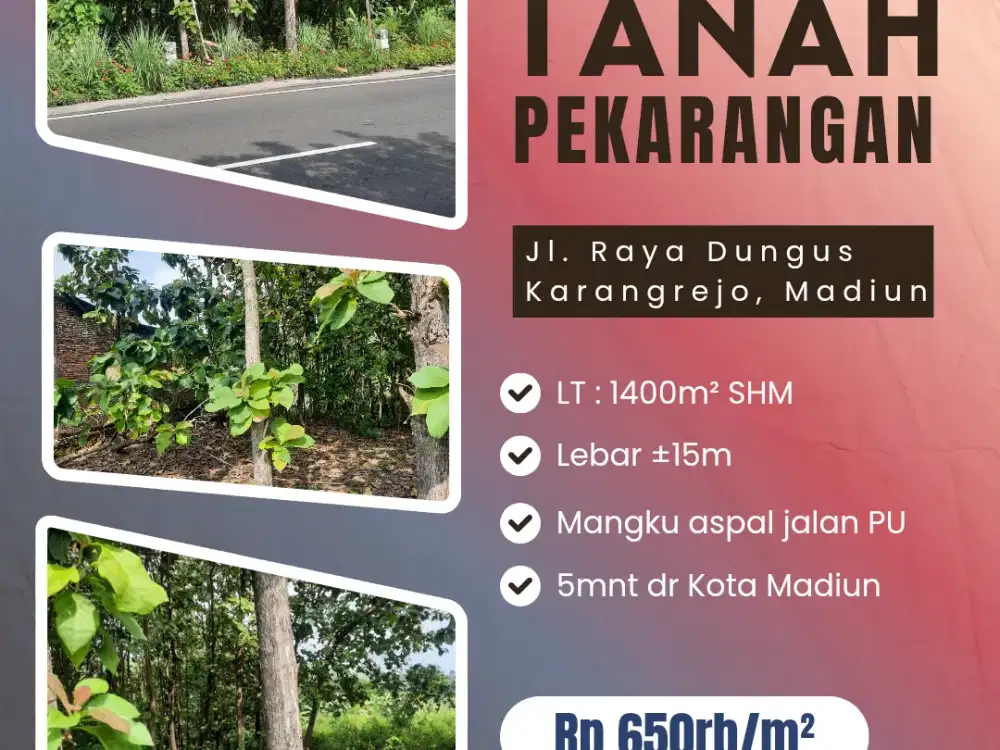 Tanah MURAH Pinggir Jalan PU Raya Dungus Karangrejo Madiun