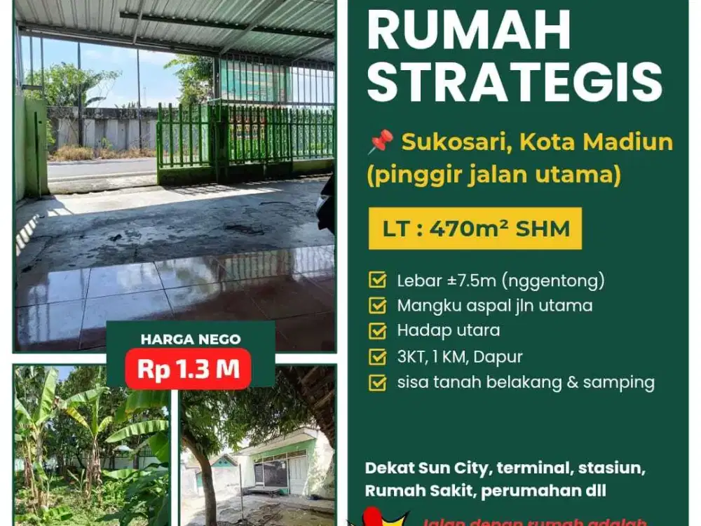 Rumah Dijual Pinggir Jalan Utama Sukosari Kota Madiun