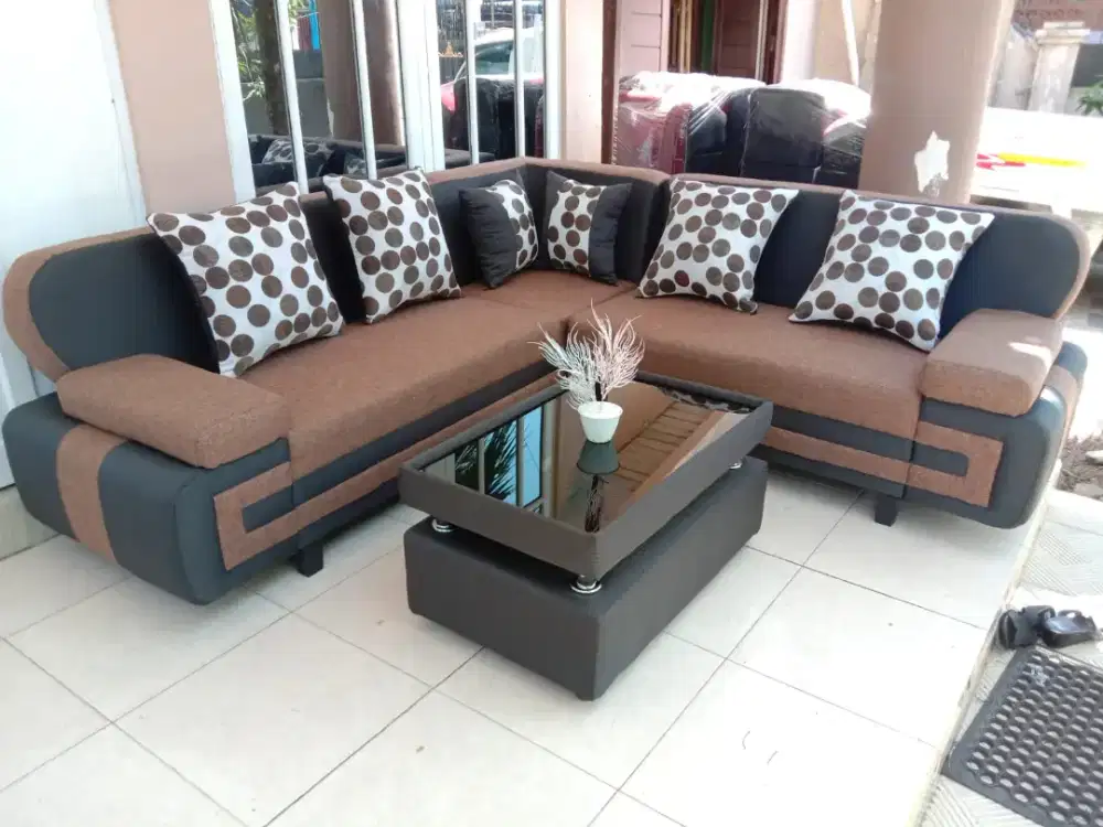 Sofa set L sudut coklat hitam