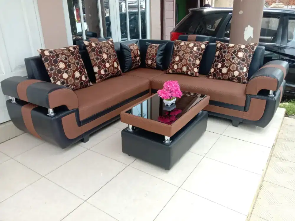 Sofa L sudut coklat tua