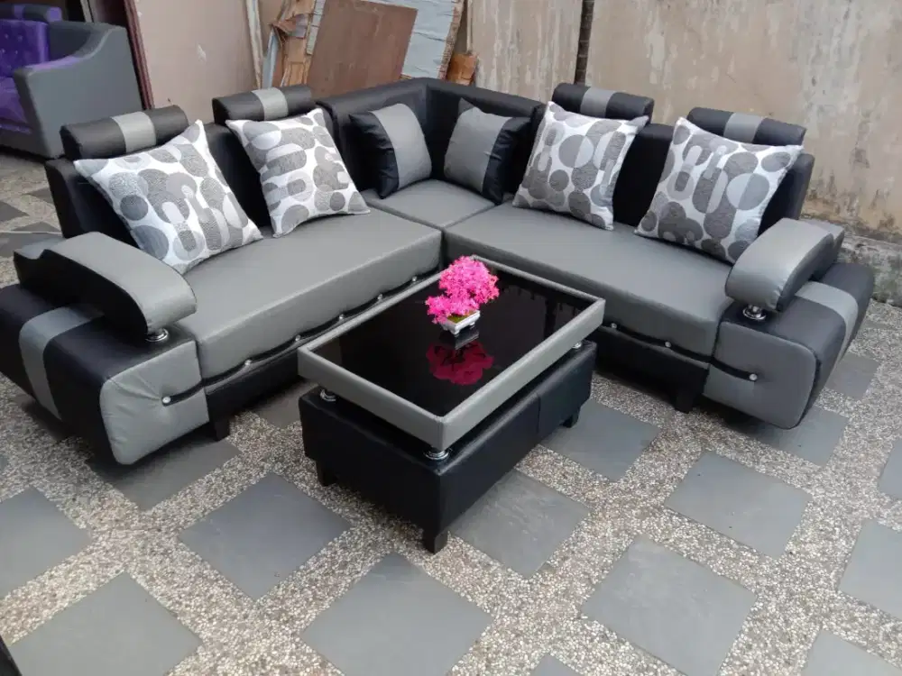 Sofa L sudut set abu muda