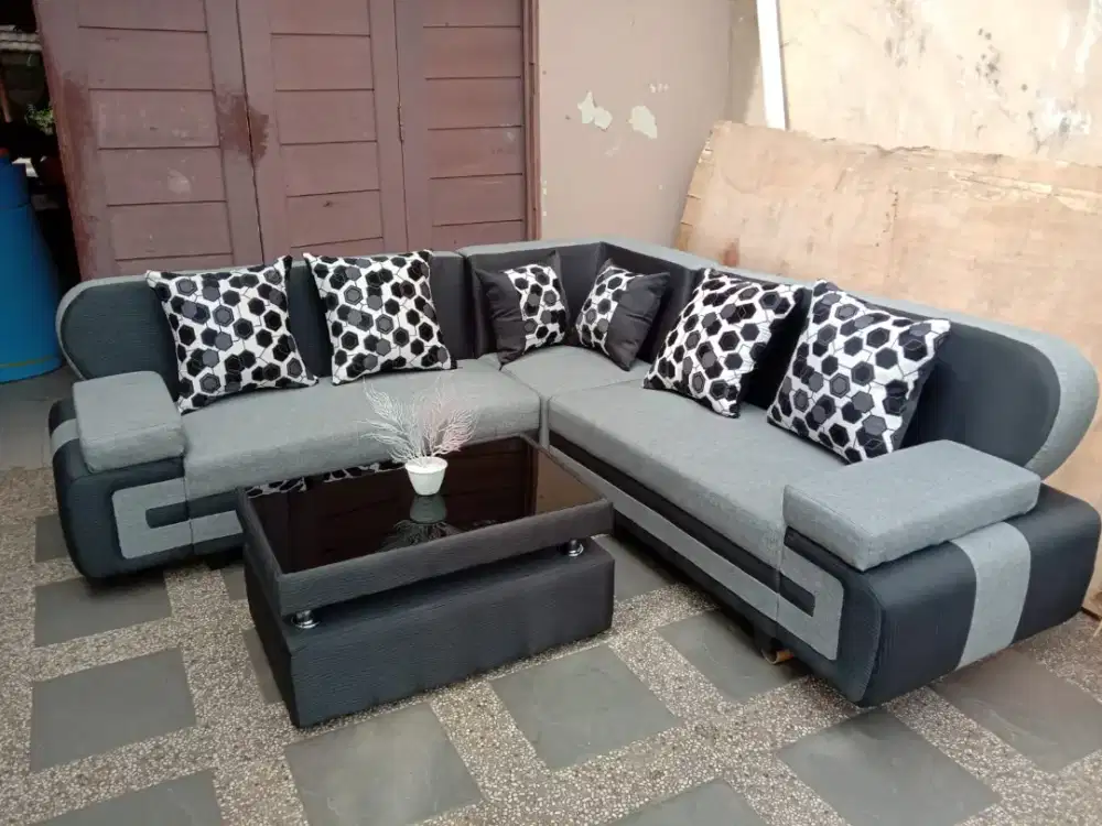Sofa L sudut kuping abu-abu