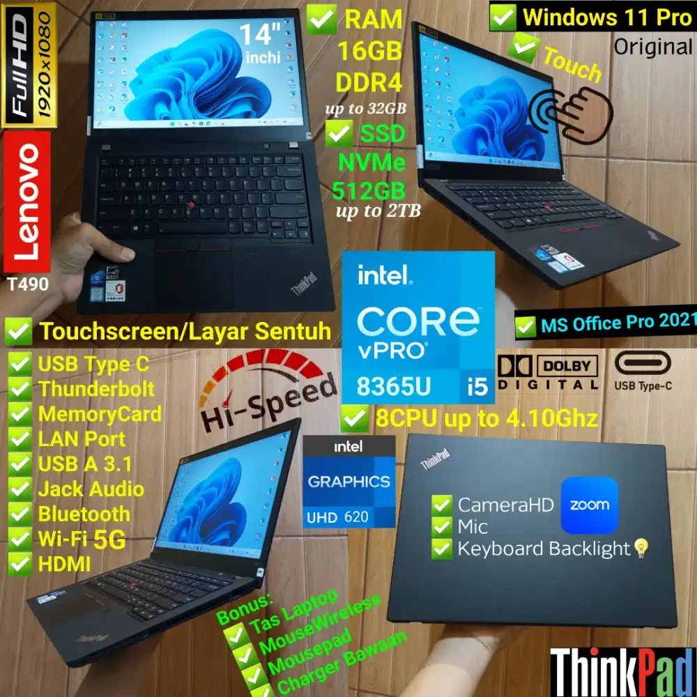 Thinkpad Touchscreen i5 8365U 8CPU, RAM 16GB NVMe 512GB Lenovo T490