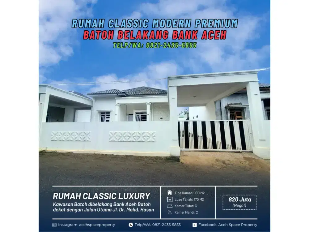 Dijual Rumah Classic di Batoh Belakang Bank Aceh - Hunian Super Luas dan Nyaman!