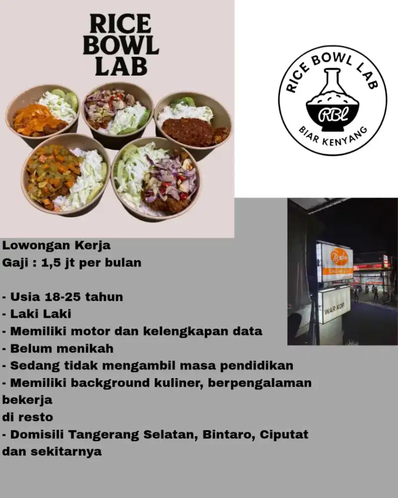 Dibutuhkan cook helper/chef untuk resto di Bintaro Ciputat dan sekitar