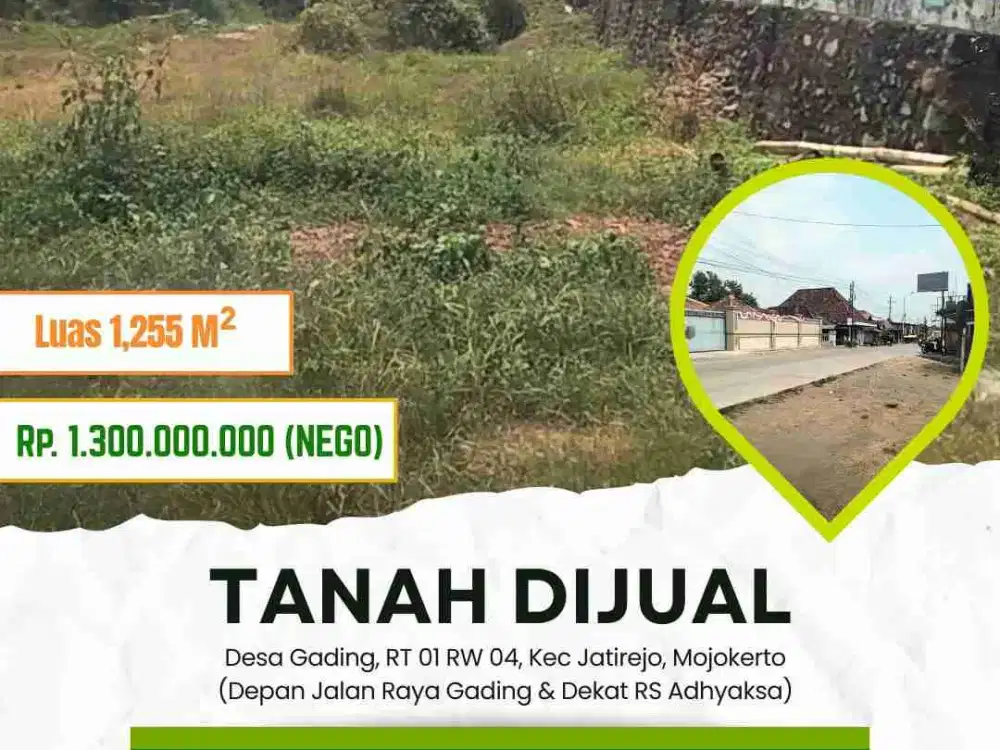 Tanah luas 1255 m2 harga 1,3 Milyar di Jatirejo, Kabupaten Mojokerto