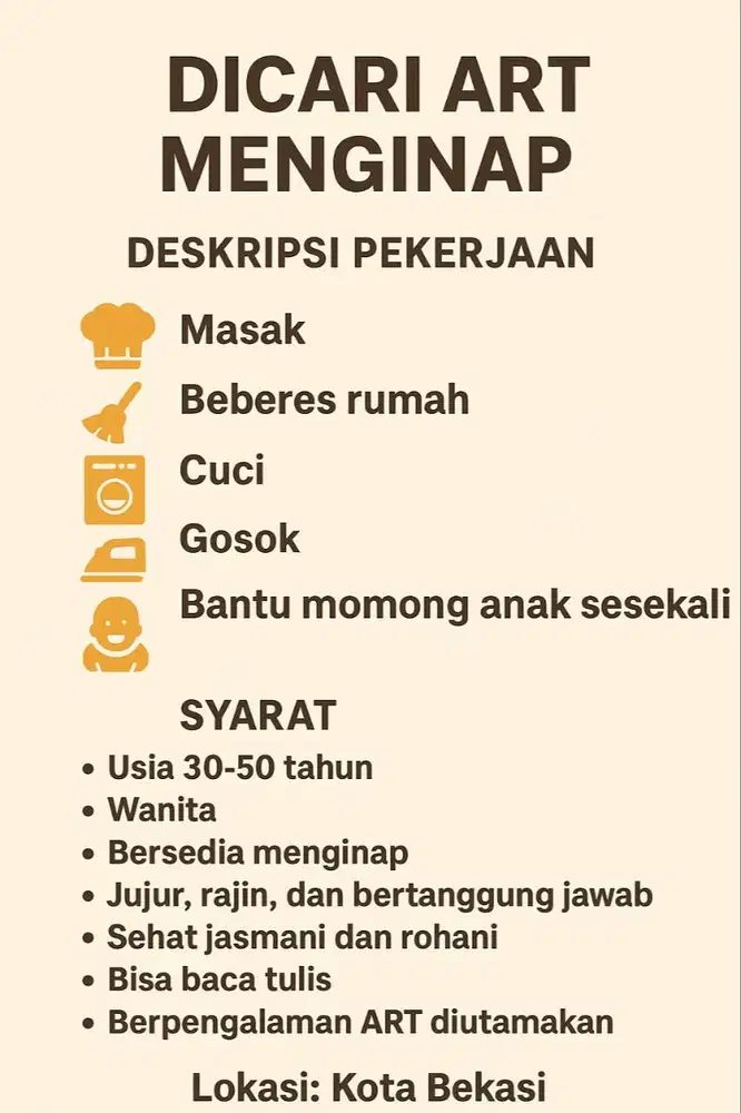 DICARI ART MENGINAP DAERAH RAWALUMBU BEKASI