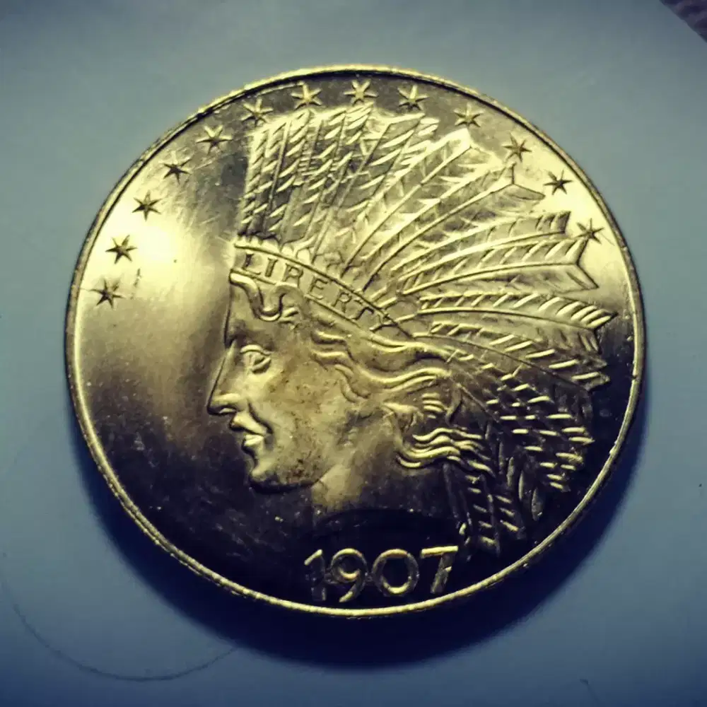 Koin Lapis Emas 1907 Indian Head 10 DOLLAR AMERIKA BERKILAU
