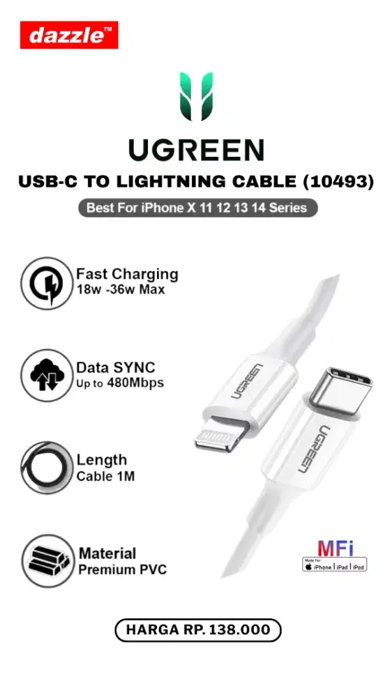 UGREEN TYPE C TO LIGHTNING CABLE MFI (10493)
