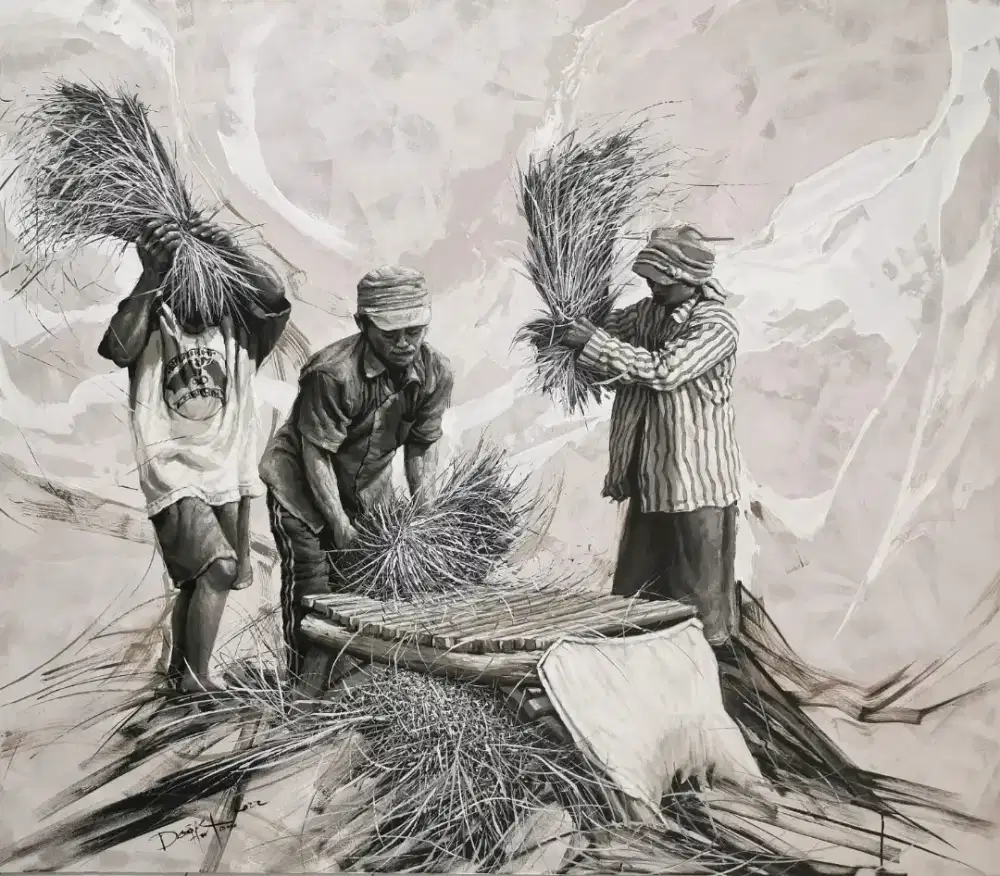 Lukisan Panen Padi Expressionist Panen Raya Akrilik 150x140cm